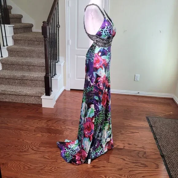 Xscape Y2K Slip Prom Gown Purple 10 Beaded Leopard Print Train Formal Open Back - Picture 11 of 17